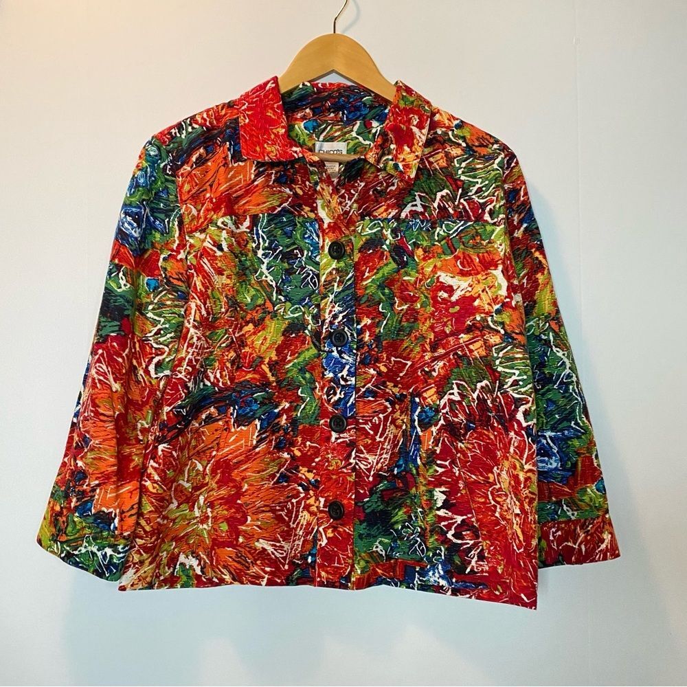 Chicos Floral Abstract Colorful Cotton Silk Blend Button Front Jacket Medium M